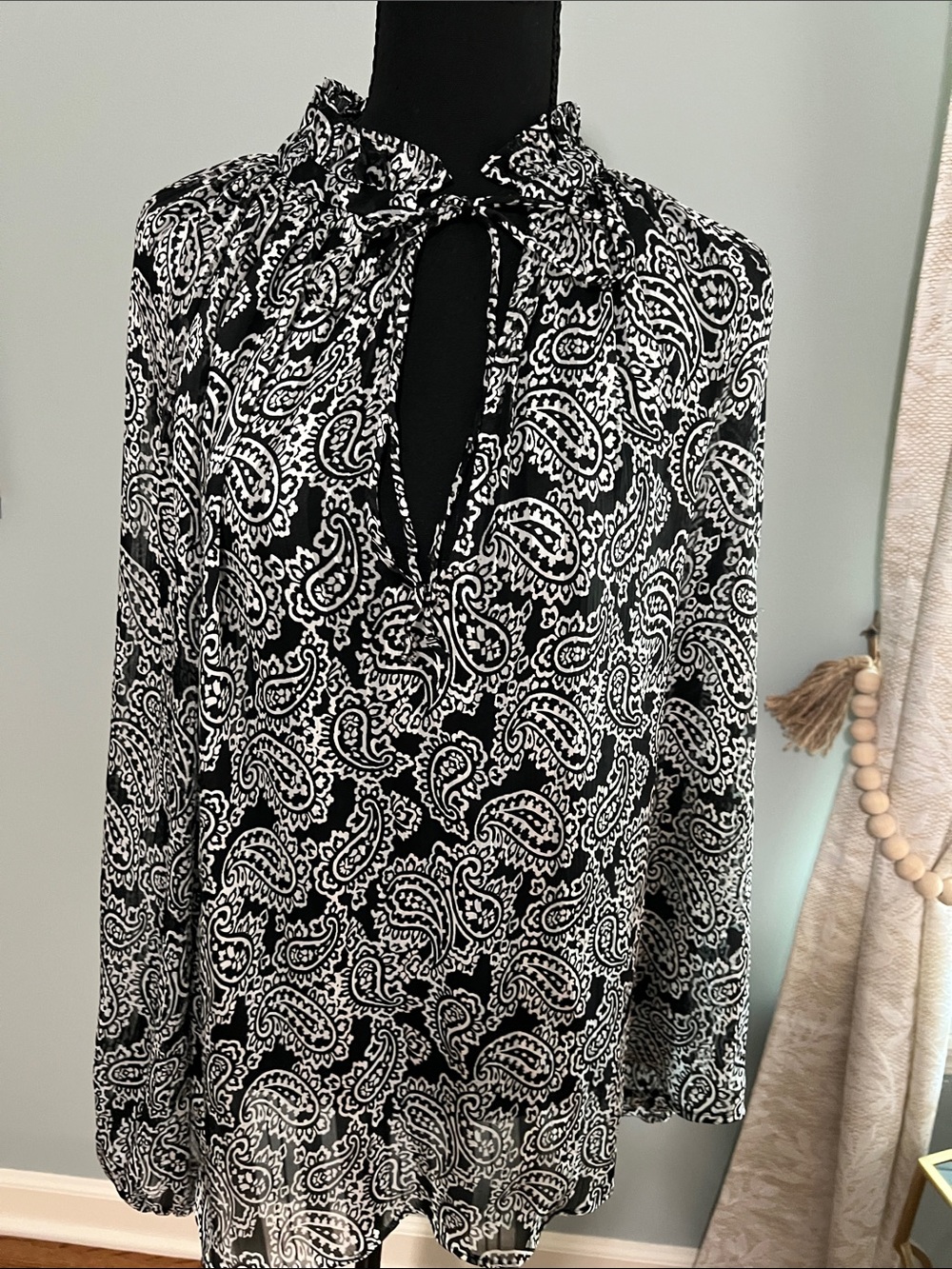 H&M Black and White Paisley Tie-Neck Blouse